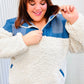Good Vibes Denim & Ivory Patchwork Sherpa Half Zip Pullover - DAVERRI FASHIONS