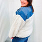 Good Vibes Denim & Ivory Patchwork Sherpa Half Zip Pullover - DAVERRI FASHIONS