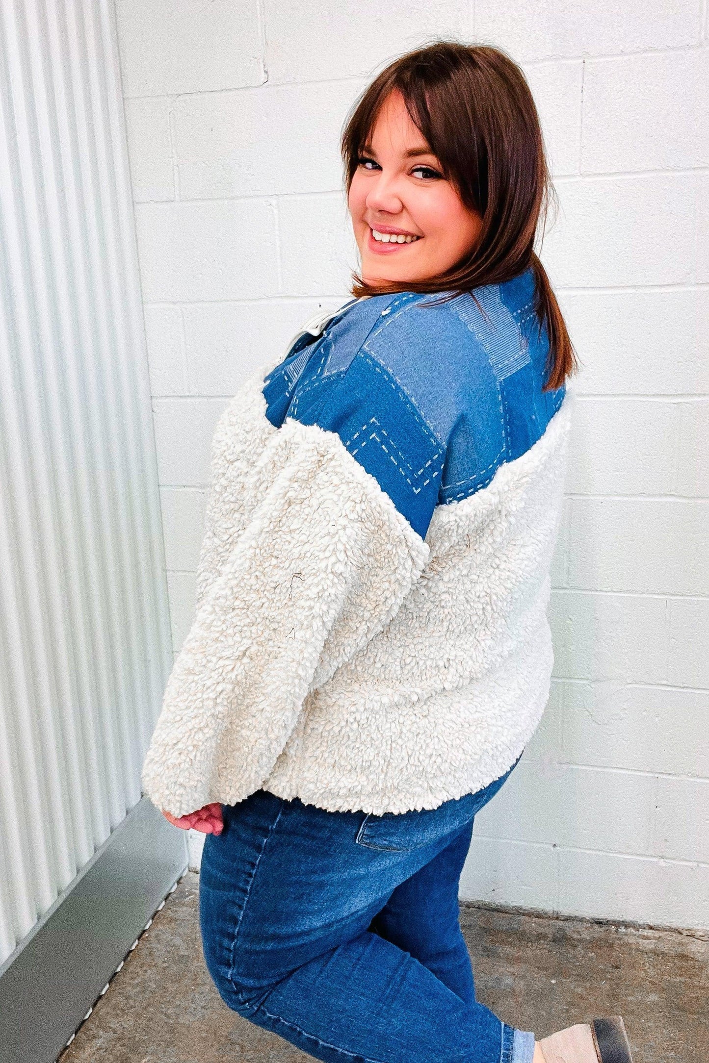 Good Vibes Denim & Ivory Patchwork Sherpa Half Zip Pullover - DAVERRI FASHIONS