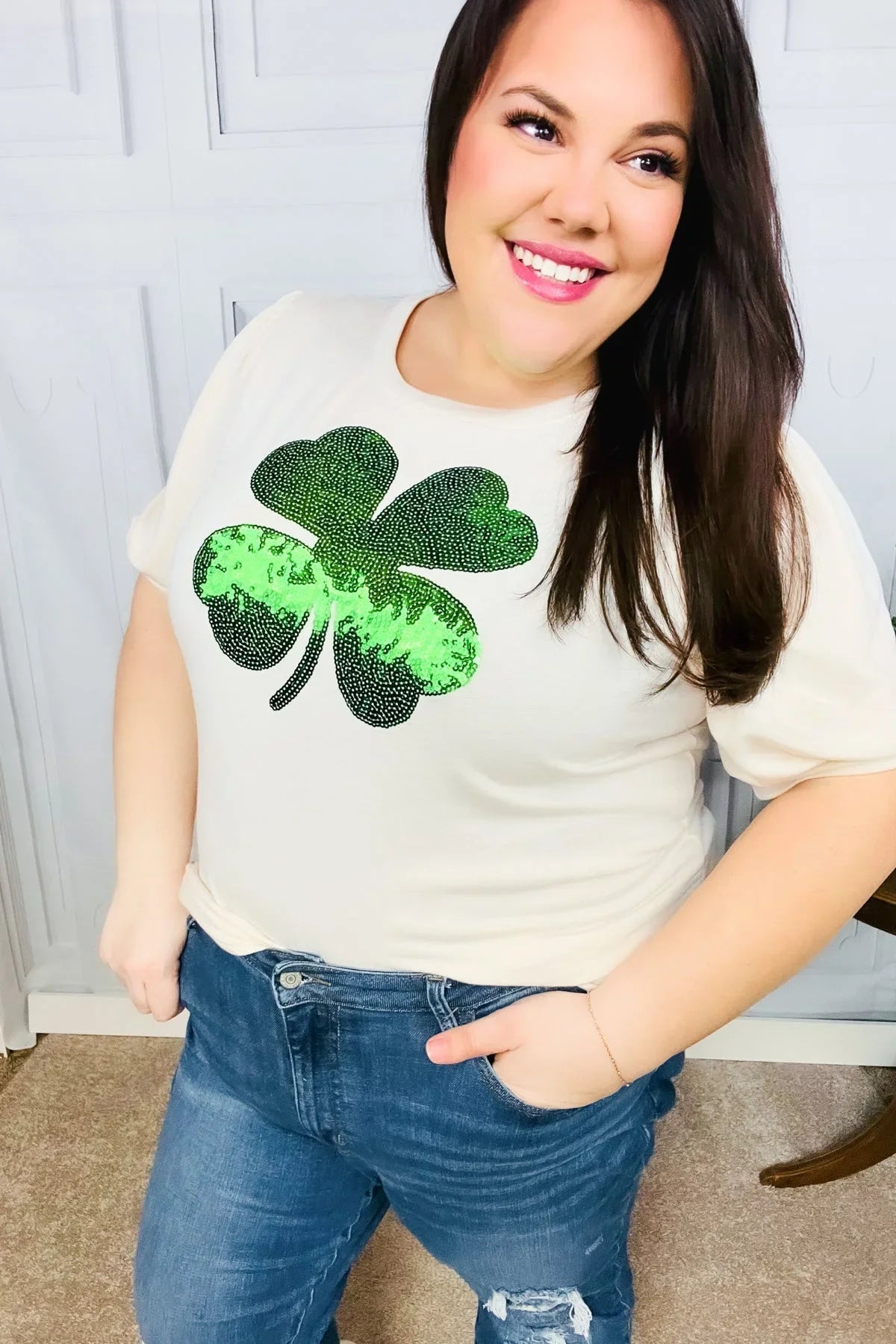 Saint Patty Sequin Clover French Terry Puff Sleeve Top | Daverri Fashions