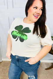 Saint Patty Sequin Clover French Terry Puff Sleeve Top | Daverri Fashions