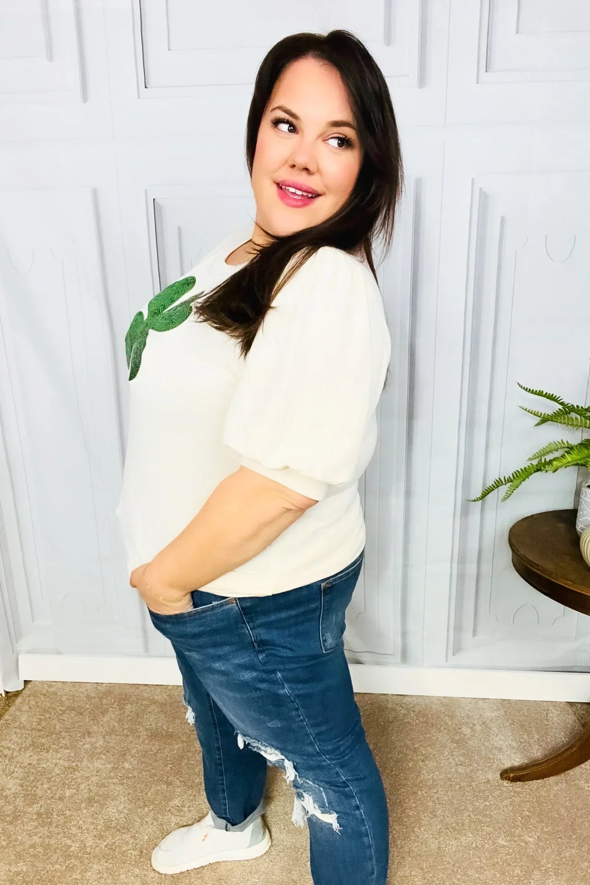 Saint Patty Sequin Clover French Terry Puff Sleeve Top | Daverri Fashions
