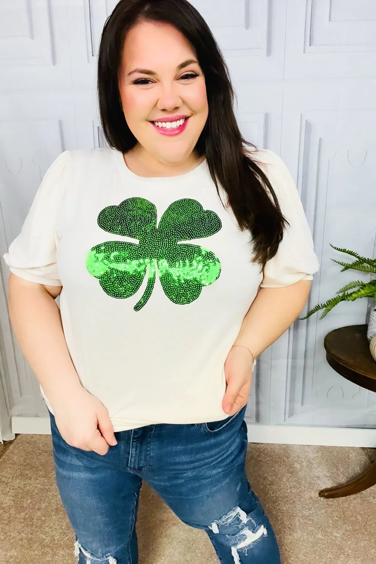 Saint Patty Sequin Clover French Terry Puff Sleeve Top | Daverri Fashions