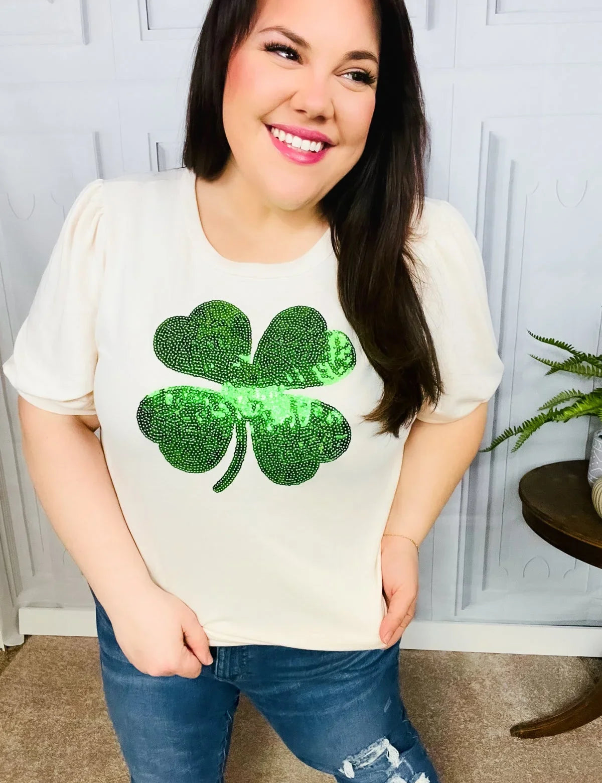 Saint Patty Sequin Clover French Terry Puff Sleeve Top | Daverri Fashions