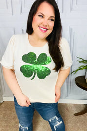 Saint Patty Sequin Clover French Terry Puff Sleeve Top | Daverri Fashions