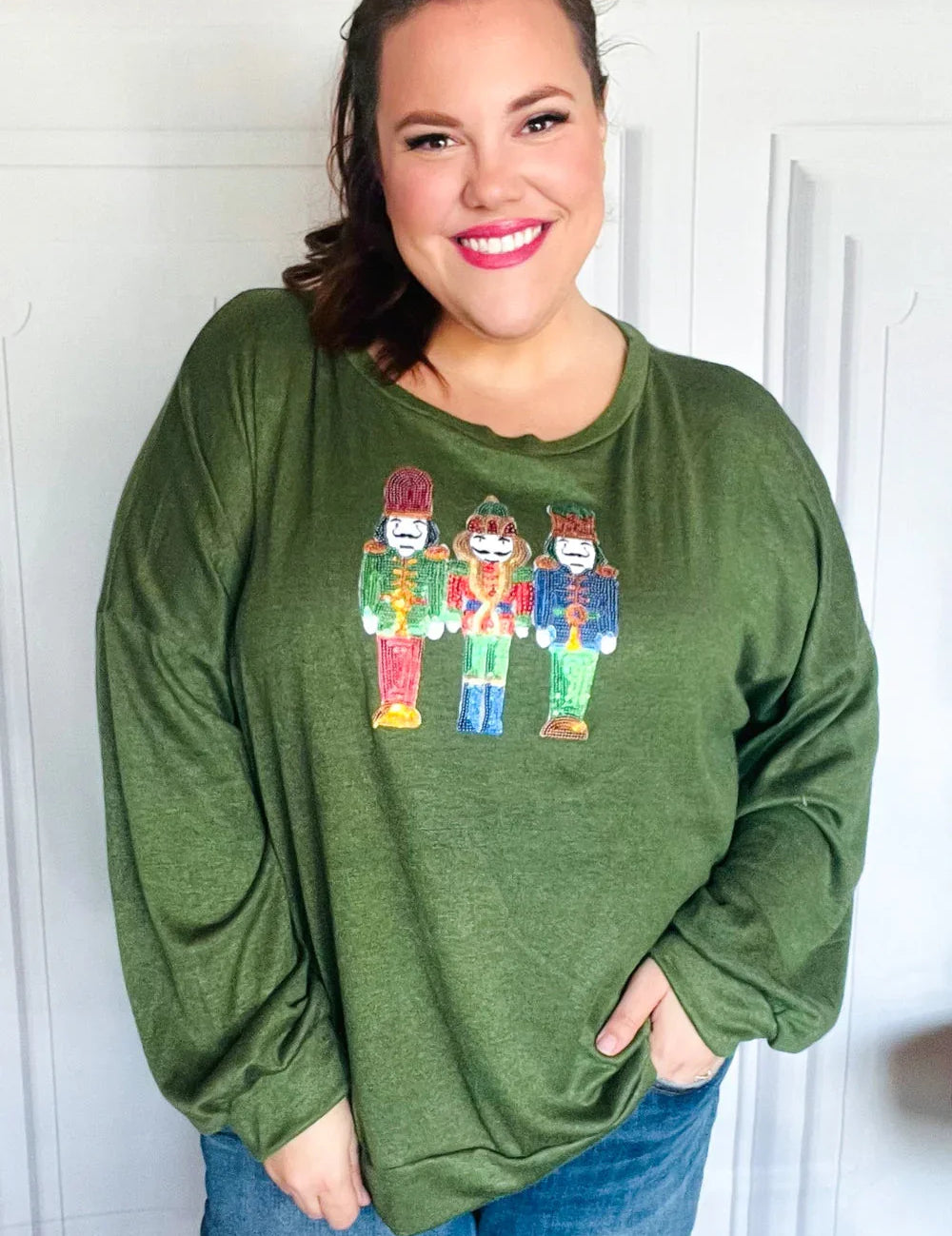 Be Merry Forest Green Nutcracker Sequin Hacci Top | Daverri Fashions