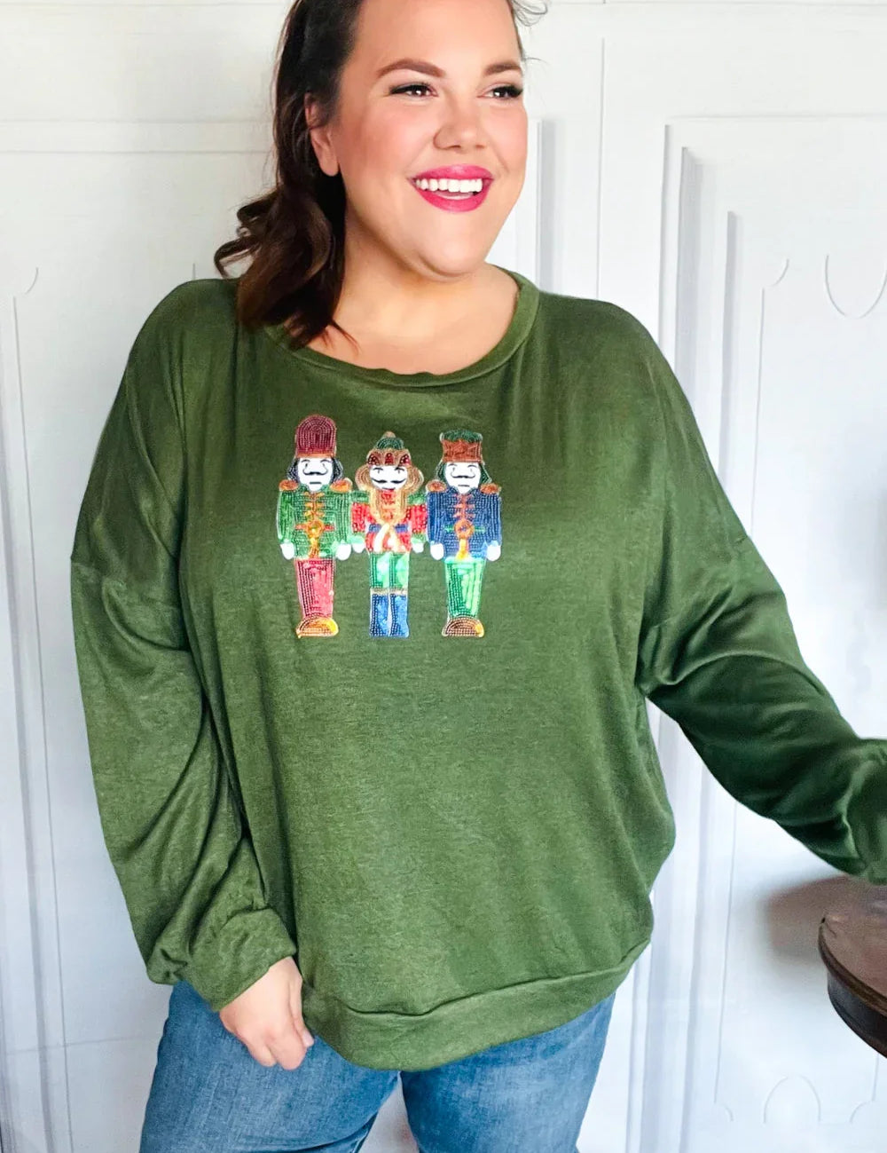 Be Merry Forest Green Nutcracker Sequin Hacci Top | Daverri Fashions