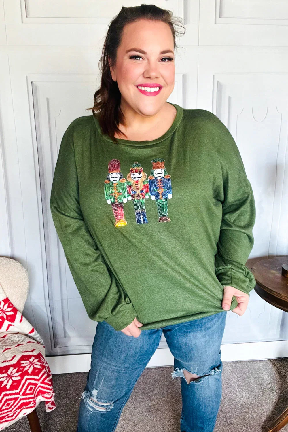 Be Merry Forest Green Nutcracker Sequin Hacci Top | Daverri Fashions