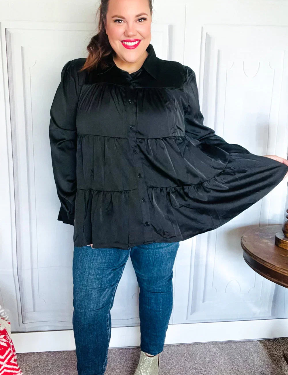 Perfectly You Black Button Down Tiered Babydoll Satin Top | Daverri Fashions