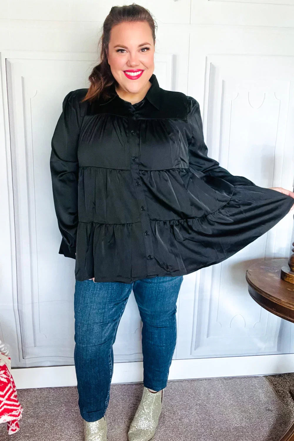 Perfectly You Black Button Down Tiered Babydoll Satin Top | Daverri Fashions