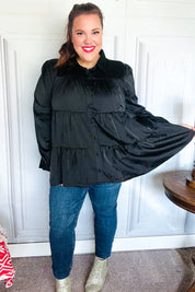 Perfectly You Black Button Down Tiered Babydoll Satin Top | Daverri Fashions