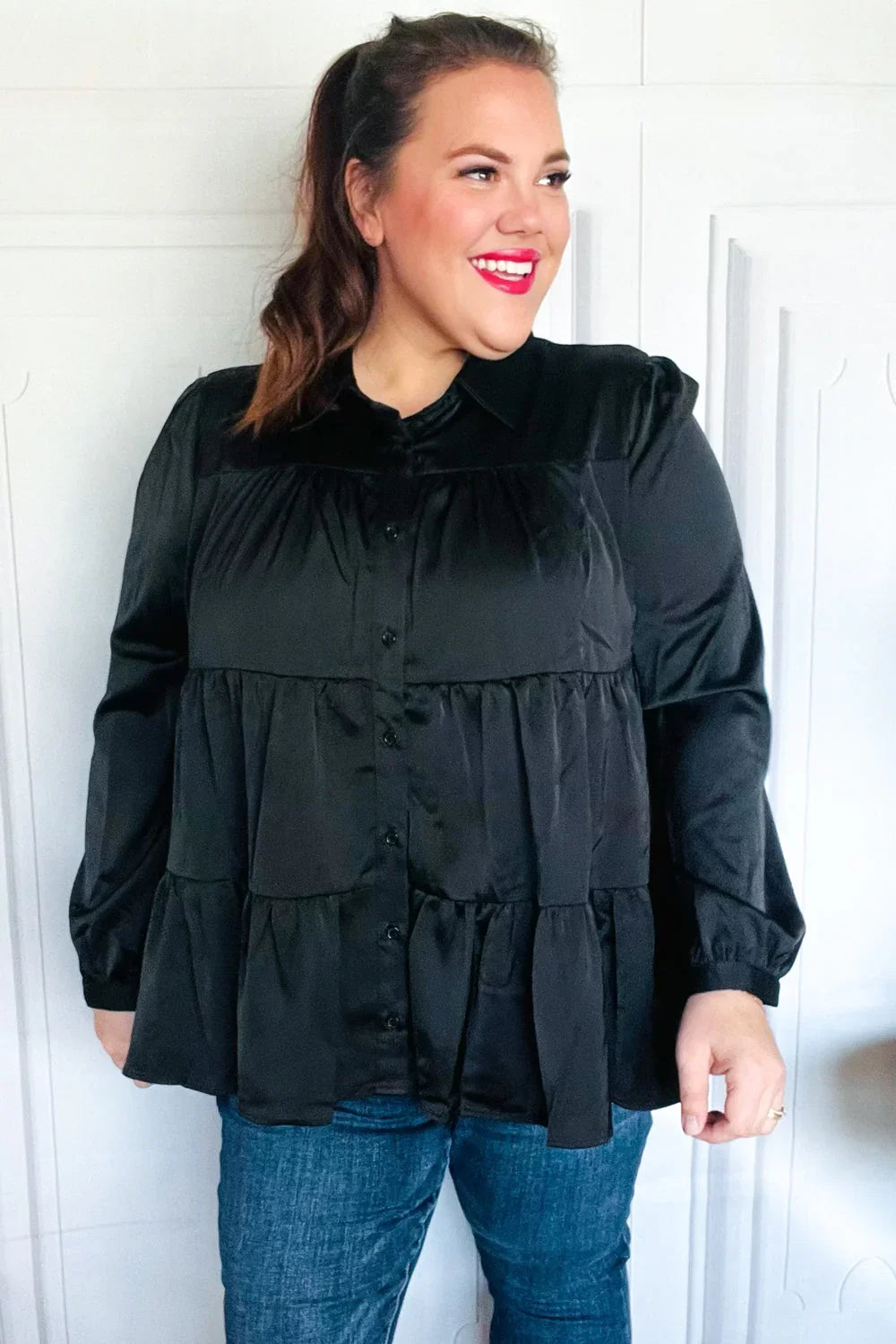 Perfectly You Black Button Down Tiered Babydoll Satin Top | Daverri Fashions