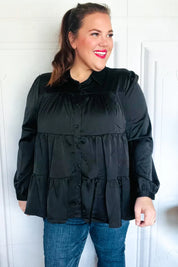 Perfectly You Black Button Down Tiered Babydoll Satin Top | Daverri Fashions