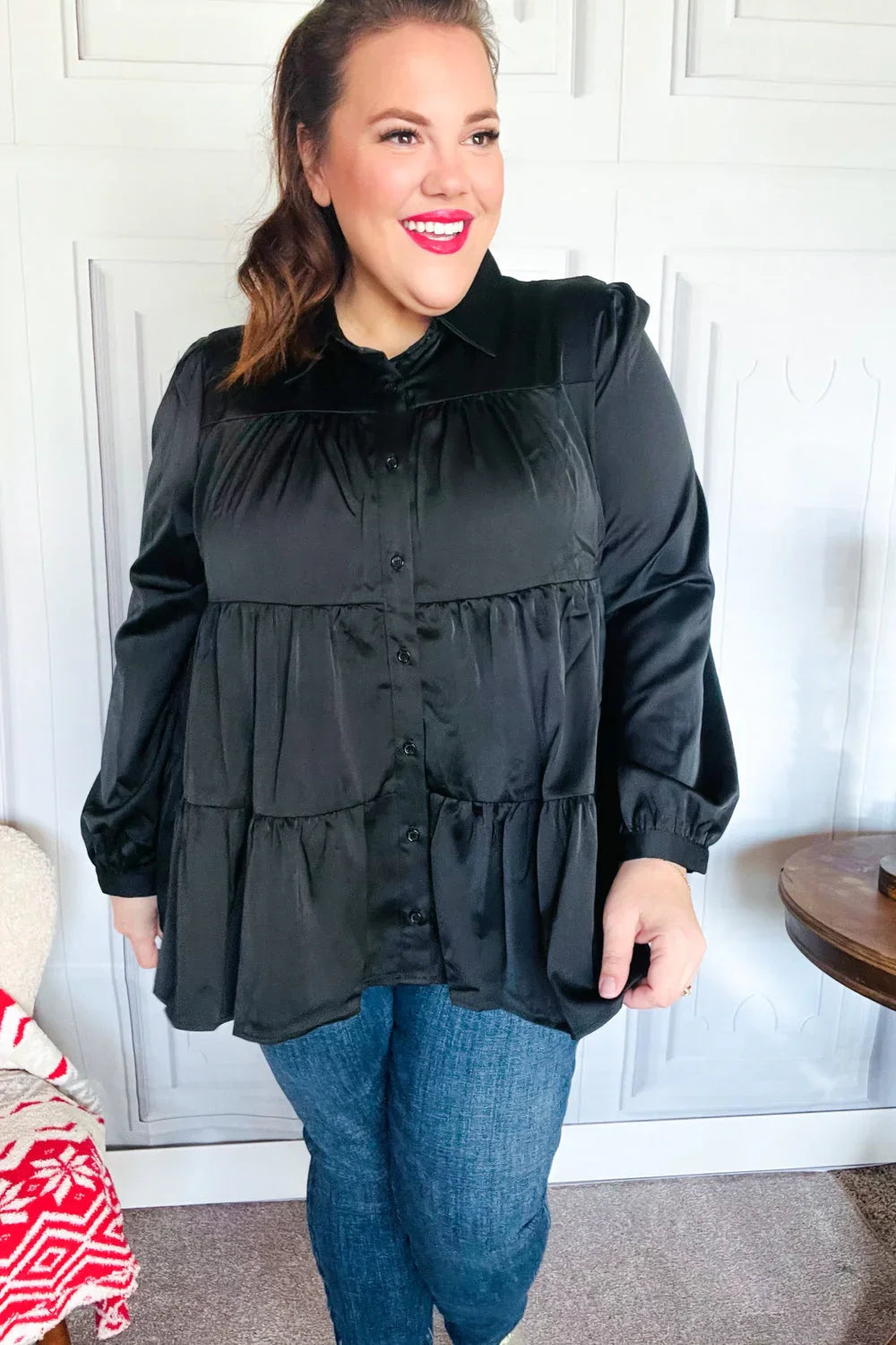 Perfectly You Black Button Down Tiered Babydoll Satin Top | Daverri Fashions