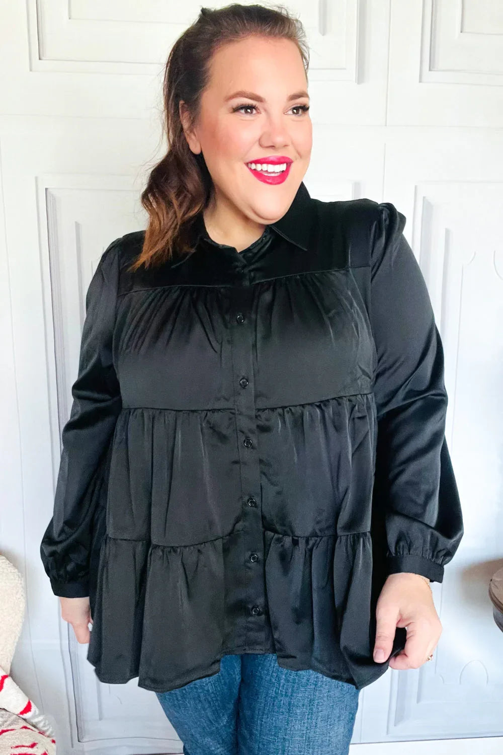 Perfectly You Black Button Down Tiered Babydoll Satin Top | Daverri Fashions