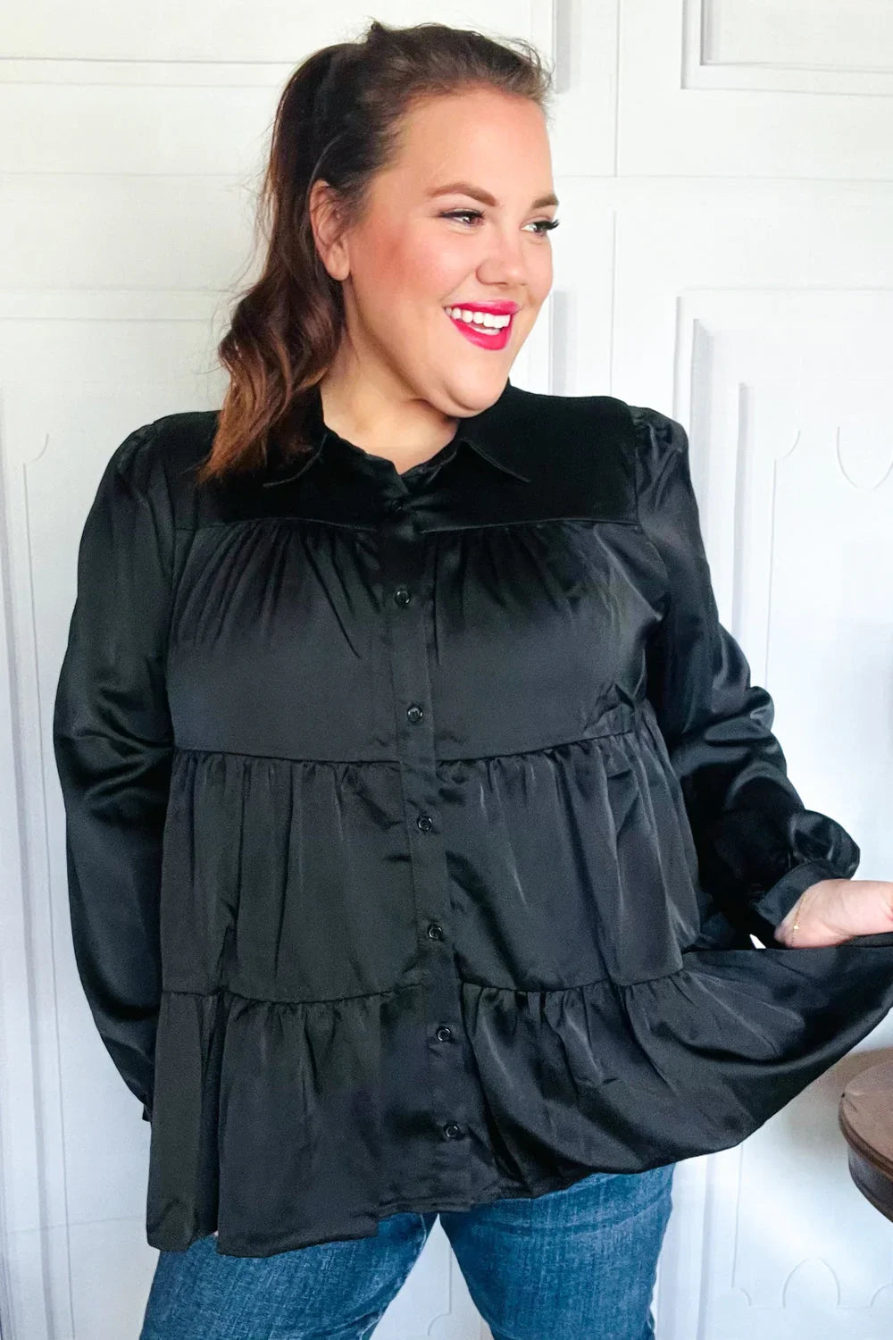 Perfectly You Black Button Down Tiered Babydoll Satin Top | Daverri Fashions