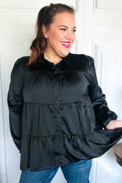 Perfectly You Black Button Down Tiered Babydoll Satin Top | Daverri Fashions