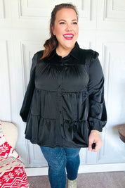 Perfectly You Black Button Down Tiered Babydoll Satin Top | Daverri Fashions