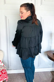Perfectly You Black Button Down Tiered Babydoll Satin Top | Daverri Fashions