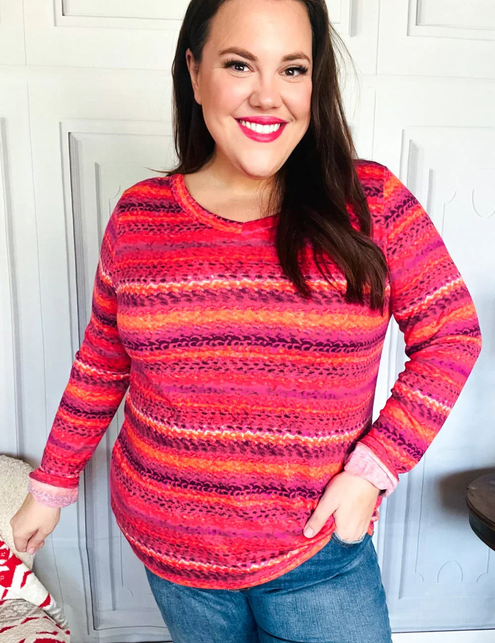 Be Bold Flame & Magenta Striped Cable Knit Print Hacci Top | 2024 Blow-Out Sale Daverri Fashions