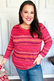 Be Bold Flame & Magenta Striped Cable Knit Print Hacci Top | 2024 Blow-Out Sale Daverri Fashions