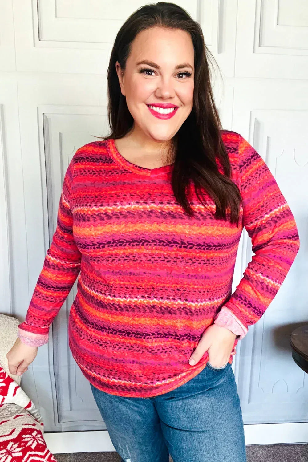 Be Bold Flame & Magenta Striped Cable Knit Print Hacci Top - DAVERRI FASHIONS