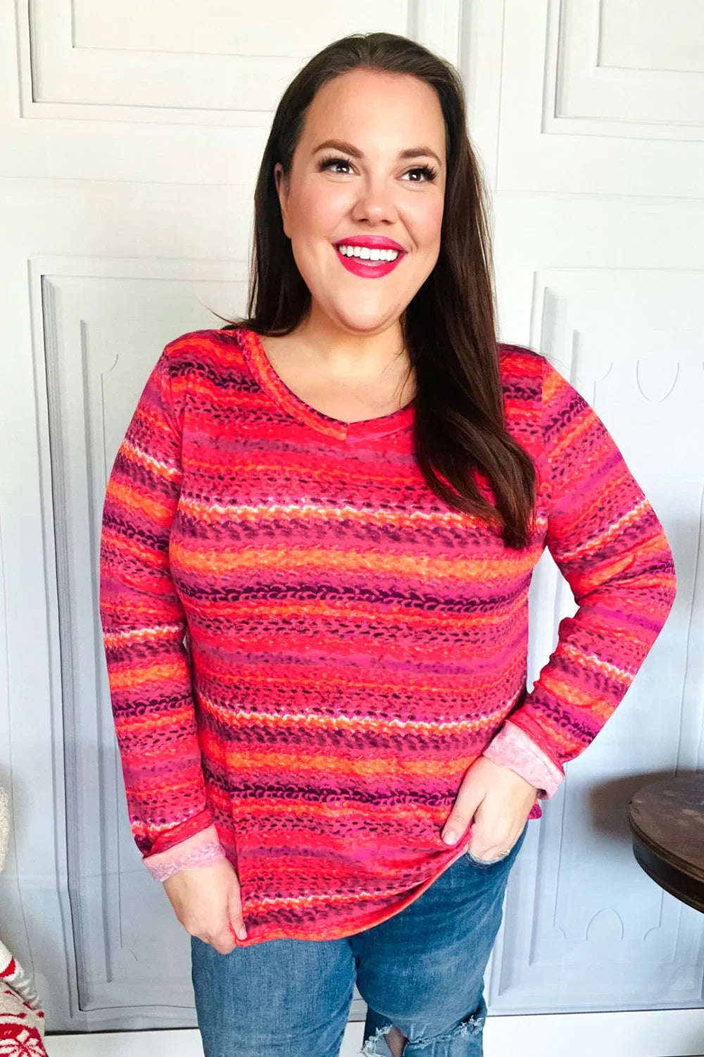 Be Bold Flame & Magenta Striped Cable Knit Print Hacci Top | 2024 Blow-Out Sale Daverri Fashions