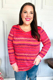 Be Bold Flame & Magenta Striped Cable Knit Print Hacci Top | 2024 Blow-Out Sale Daverri Fashions