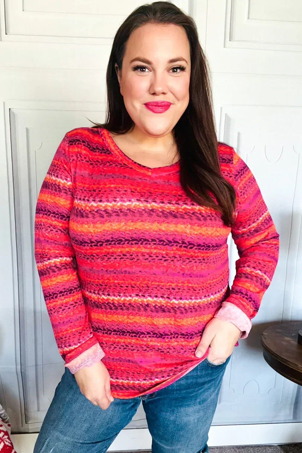 Be Bold Flame & Magenta Striped Cable Knit Print Hacci Top - DAVERRI FASHIONS