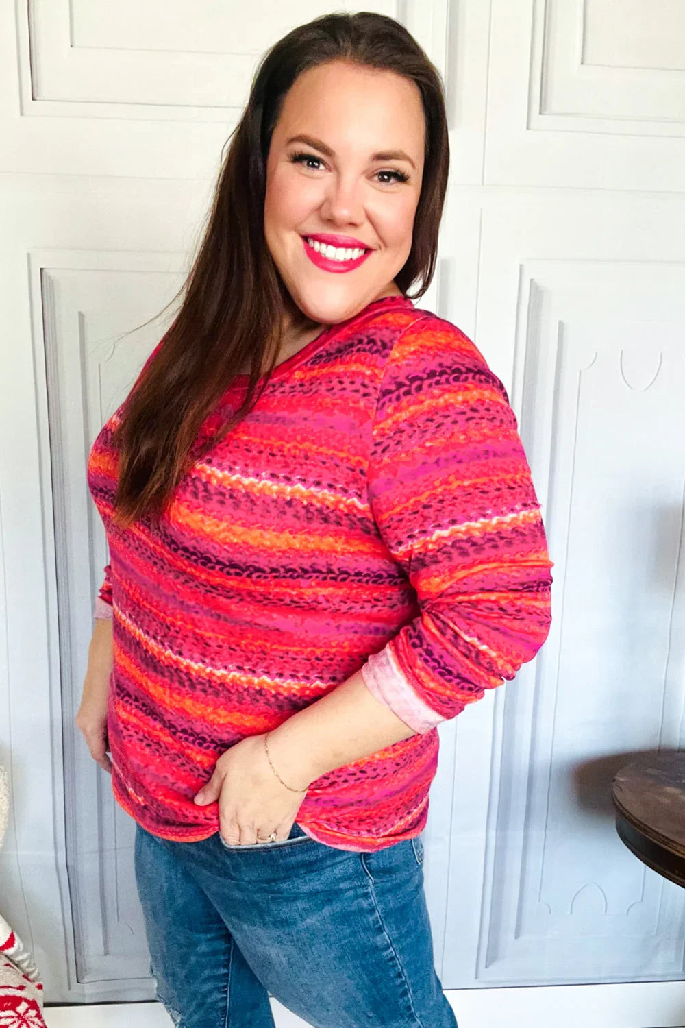 Be Bold Flame & Magenta Striped Cable Knit Print Hacci Top | 2024 Blow-Out Sale Daverri Fashions