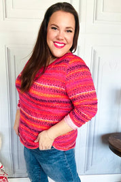 Be Bold Flame & Magenta Striped Cable Knit Print Hacci Top | 2024 Blow-Out Sale Daverri Fashions