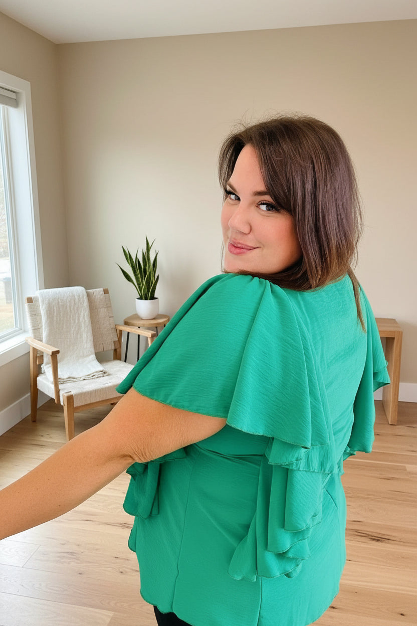 Sea Green Button Ruffle Woven Top - DAVERRI FASHIONS