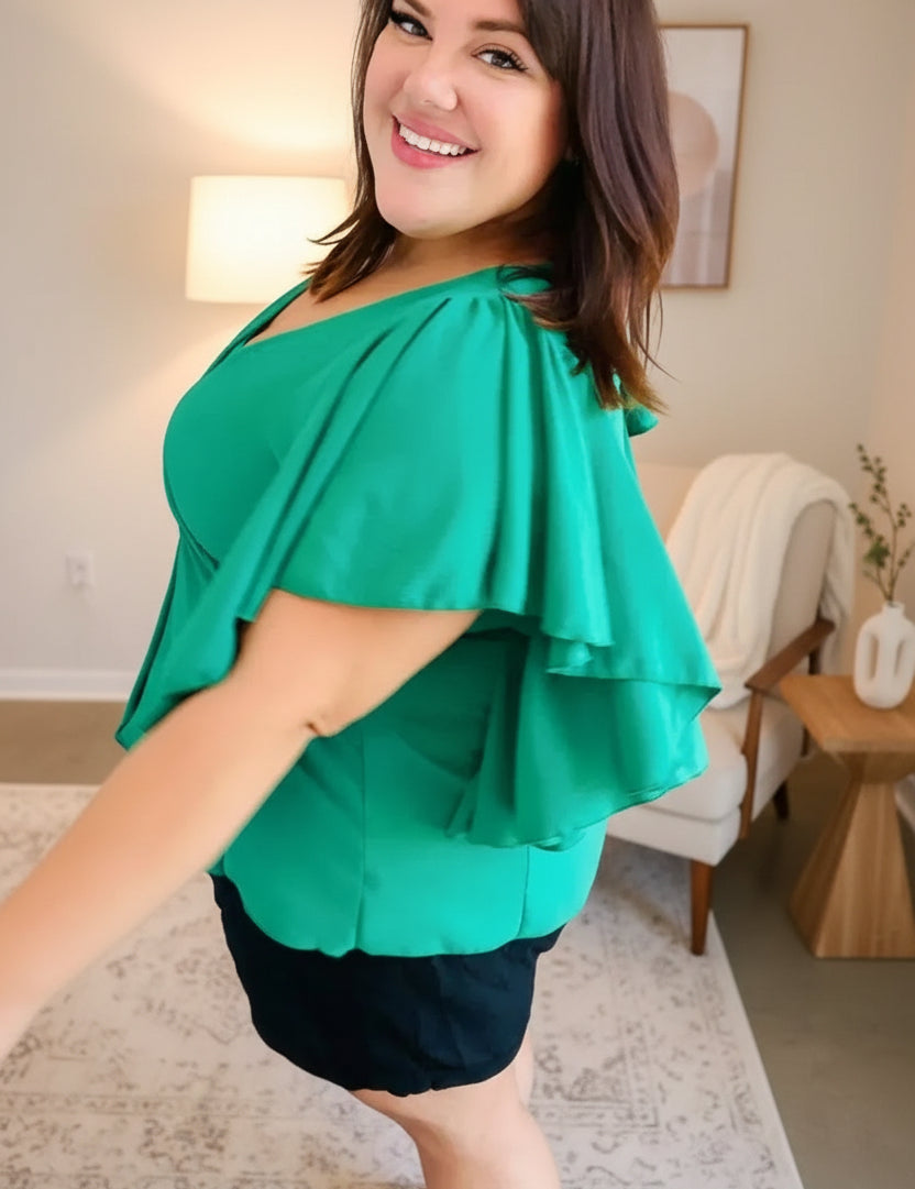 Sea Green Button Ruffle Woven Top - DAVERRI FASHIONS