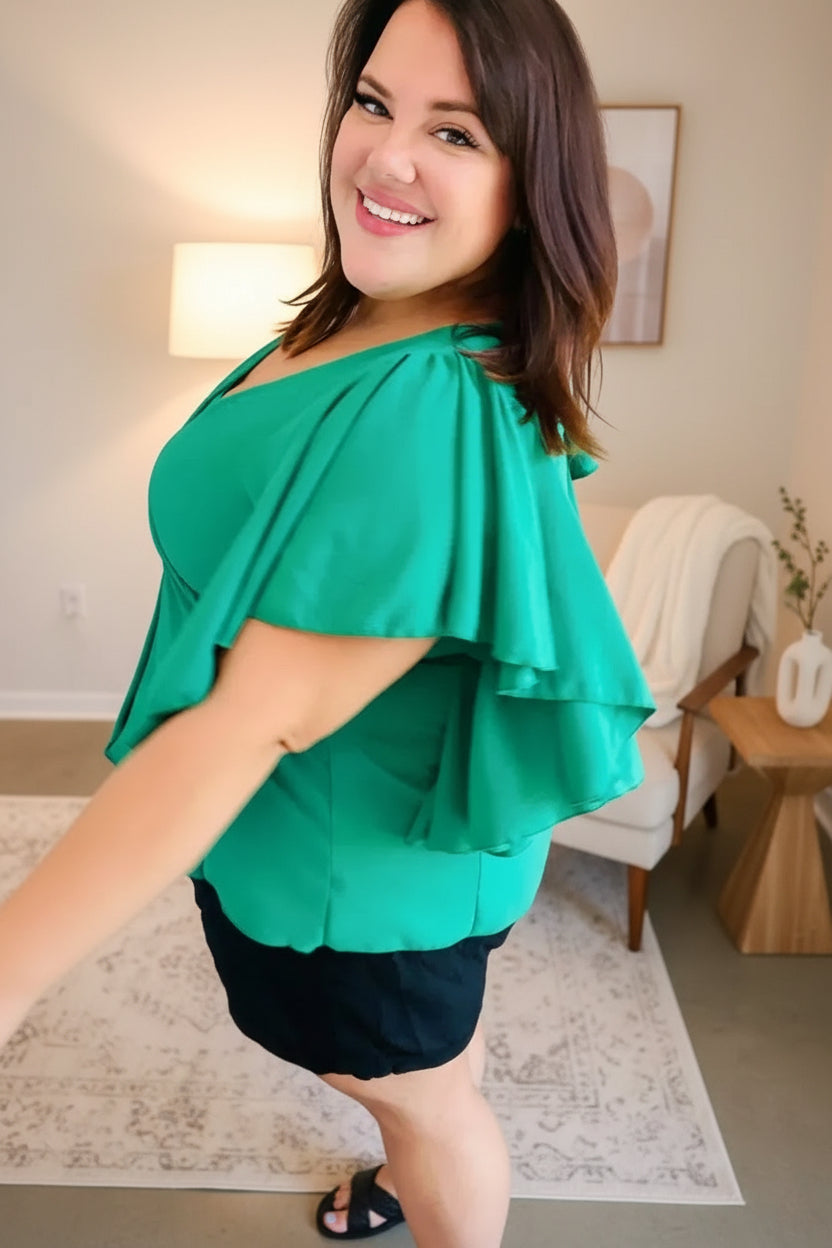 Sea Green Button Ruffle Woven Top - DAVERRI FASHIONS