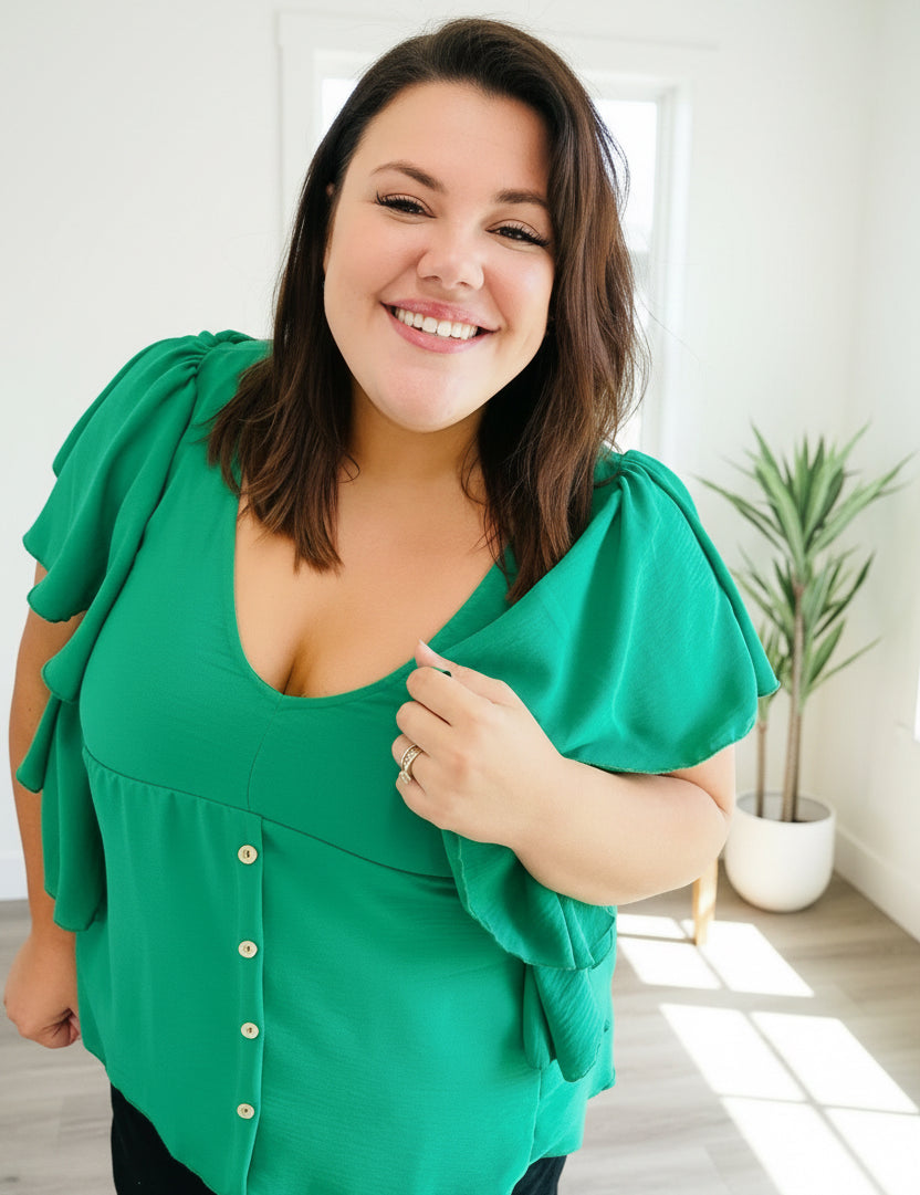 Sea Green Button Ruffle Woven Top - DAVERRI FASHIONS