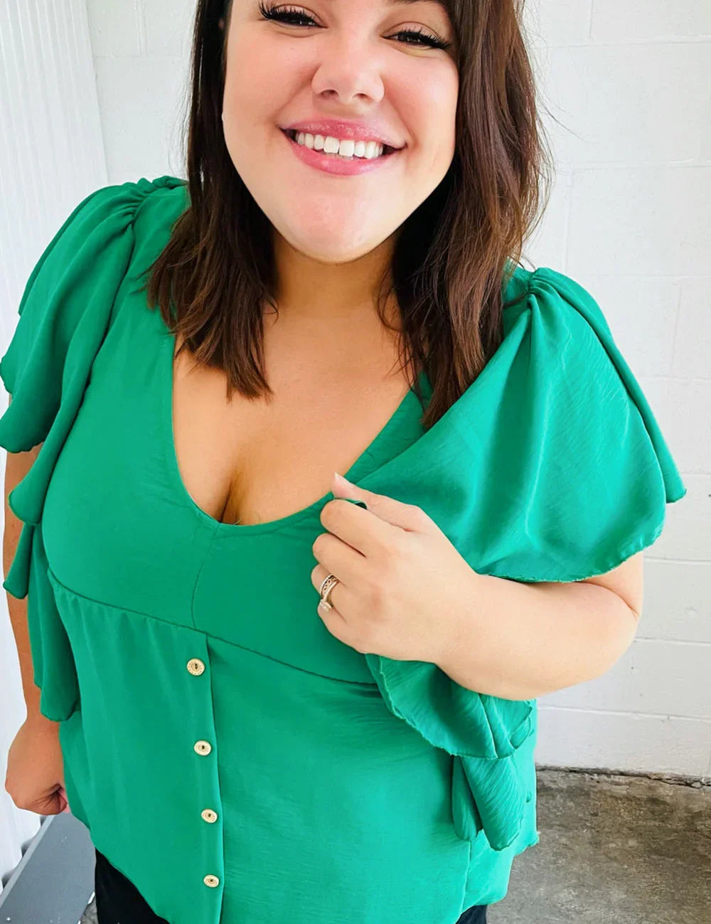 Sea Green Button Ruffle Woven Top | Daverri Fashions