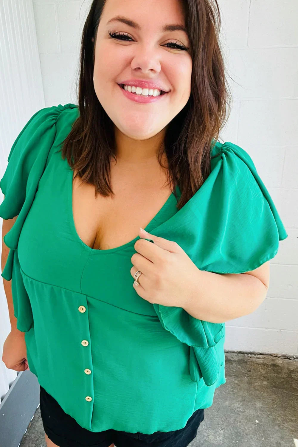 Sea Green Button Ruffle Woven Top | Daverri Fashions