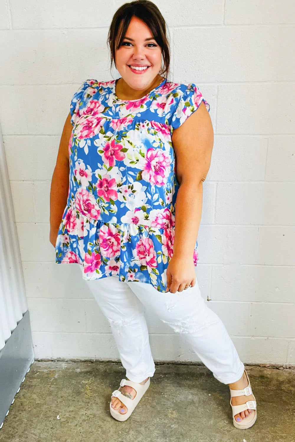 Sky Blue Floral Yoke Flutter Sleeve Keyhole Back Top | Daverri Fashions