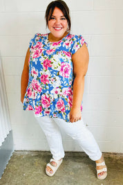 Sky Blue Floral Yoke Flutter Sleeve Keyhole Back Top | Daverri Fashions