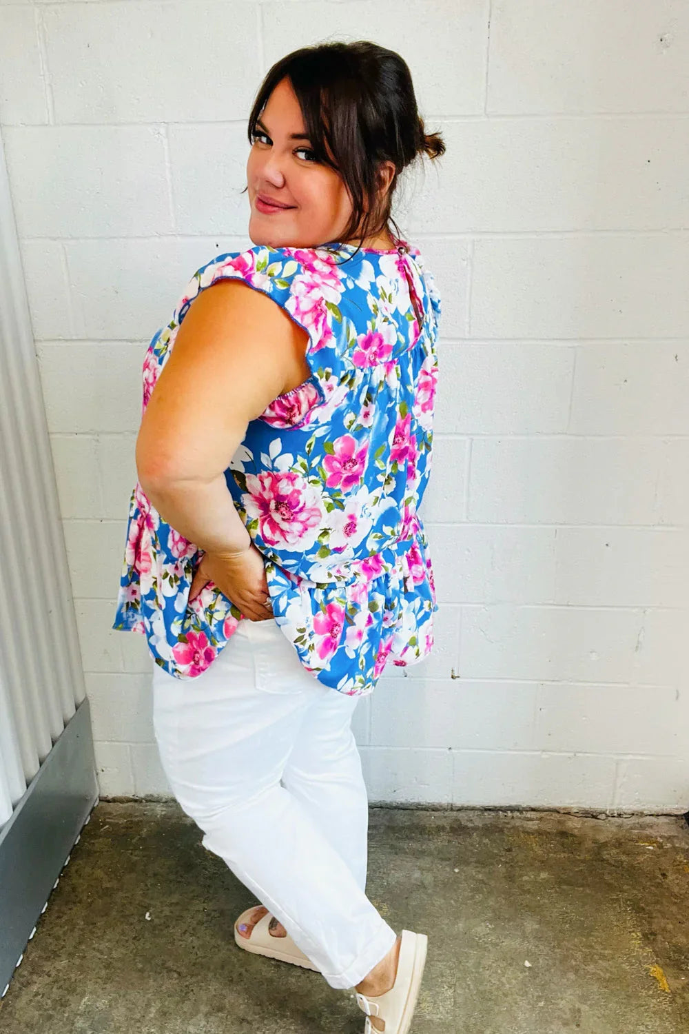 Sky Blue Floral Yoke Flutter Sleeve Keyhole Back Top | Daverri Fashions