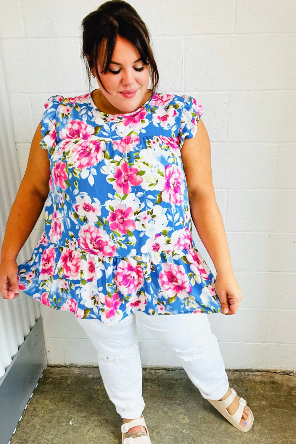 Sky Blue Floral Yoke Flutter Sleeve Keyhole Back Top | Daverri Fashions