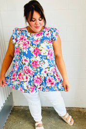 Sky Blue Floral Yoke Flutter Sleeve Keyhole Back Top | Daverri Fashions