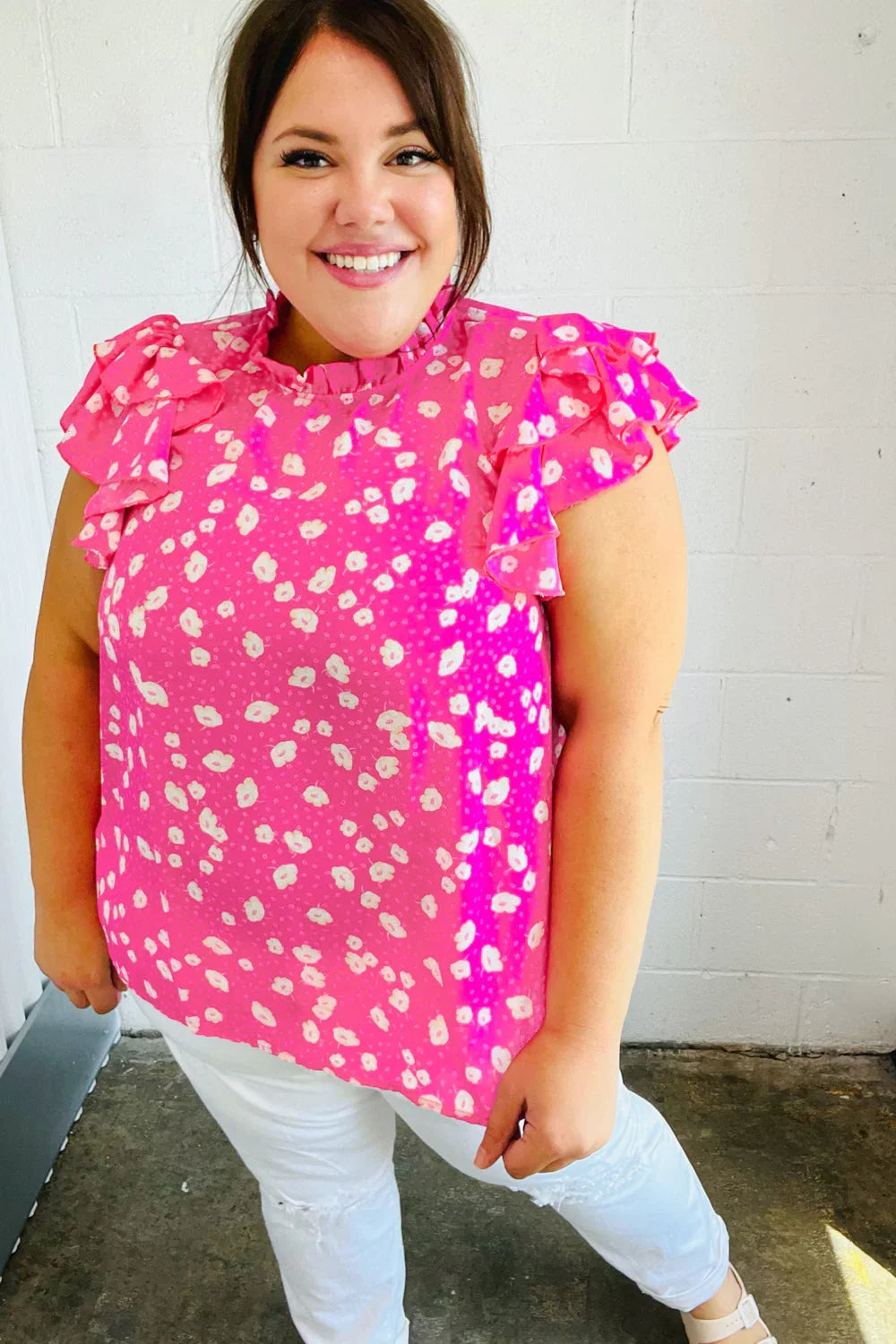 Hot Pink Floral Mock Neck Double Flutter Sleeve Top | Daverri Fashions