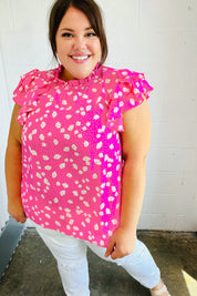 Hot Pink Floral Mock Neck Double Flutter Sleeve Top | Daverri Fashions