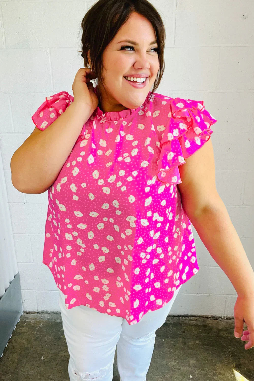 Hot Pink Floral Mock Neck Double Flutter Sleeve Top | Daverri Fashions