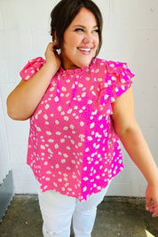 Hot Pink Floral Mock Neck Double Flutter Sleeve Top | Daverri Fashions