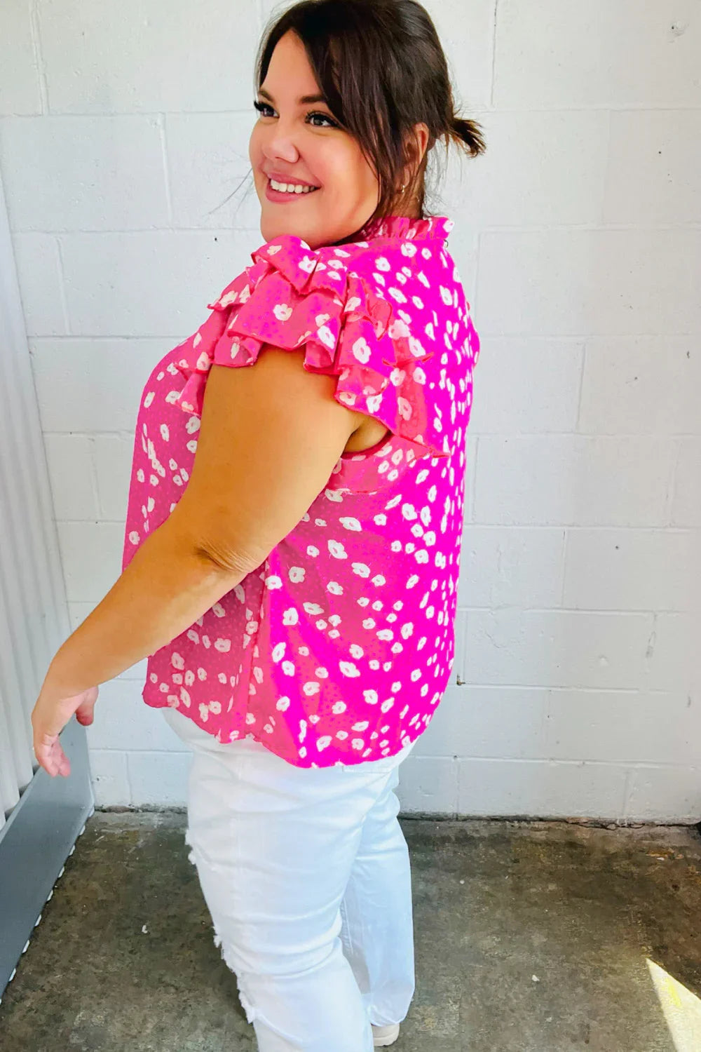 Hot Pink Floral Mock Neck Double Flutter Sleeve Top | Daverri Fashions