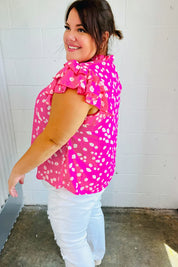 Hot Pink Floral Mock Neck Double Flutter Sleeve Top | Daverri Fashions