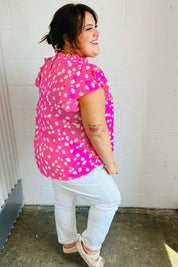 Hot Pink Floral Mock Neck Double Flutter Sleeve Top | Daverri Fashions