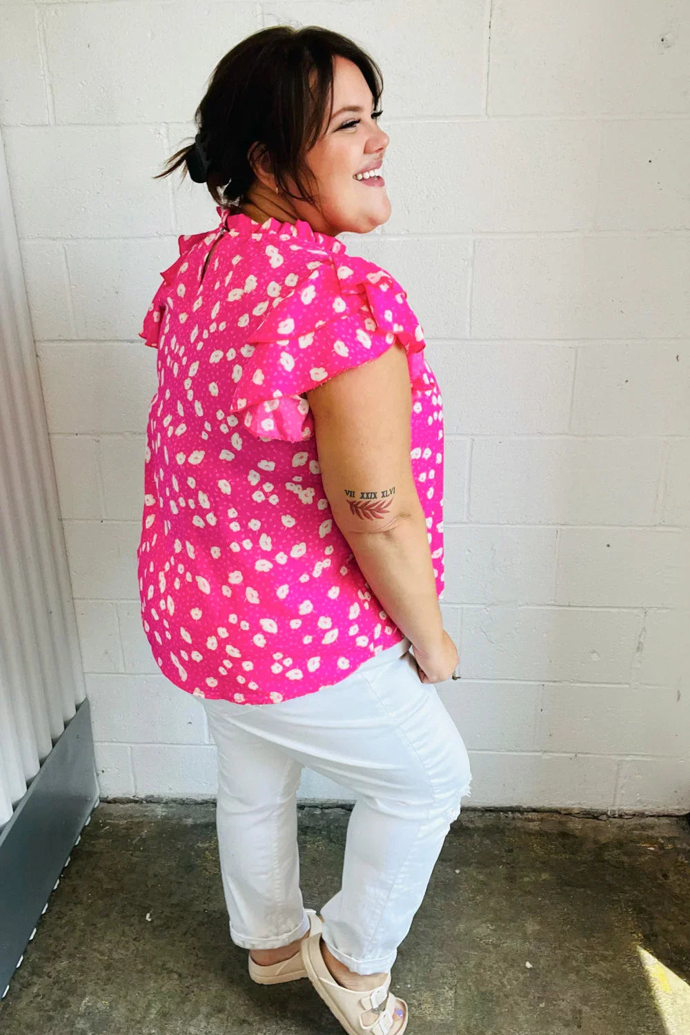 Hot Pink Floral Mock Neck Double Flutter Sleeve Top | Daverri Fashions